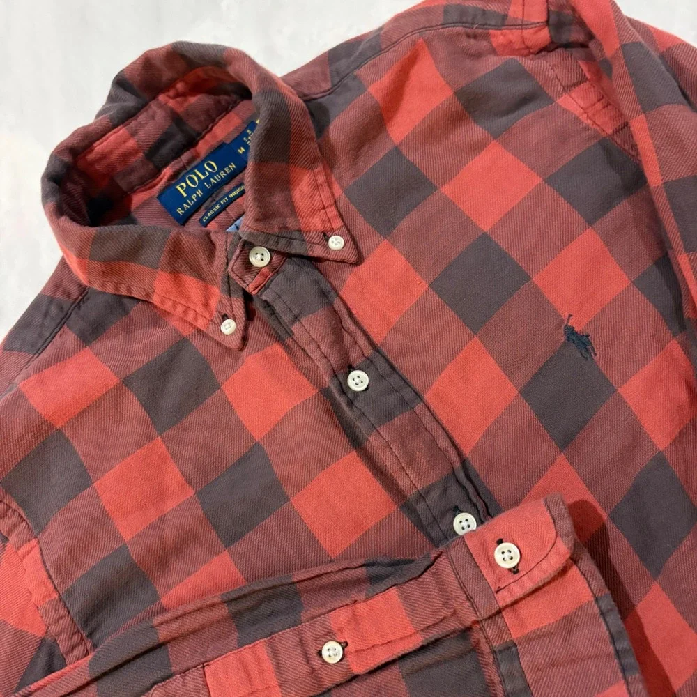 Polo Ralph Lauren Mens Classic Fit Lined Buffalo Check Soft Flannel Shirt Red M